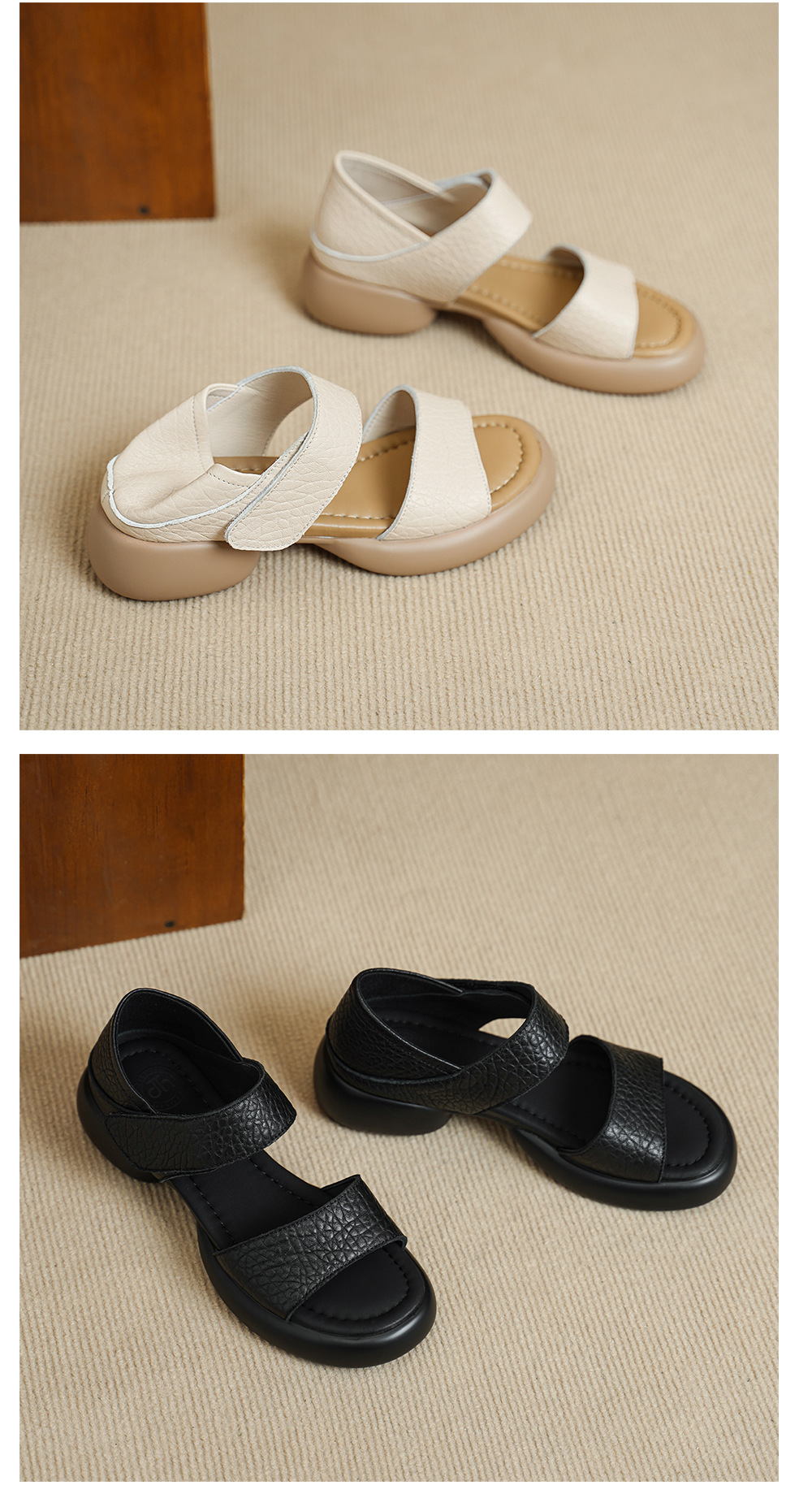Sandal nữ hở mũi gót vuông 4 cm quai ngang đế dày chất liệu da dê — đen chi tiết 12