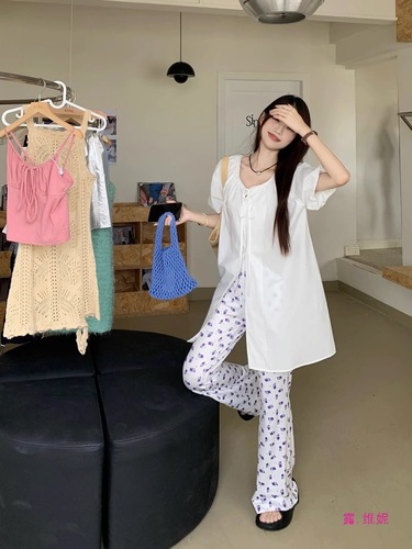 Women's White Bubble Sleeve Blouse Design-Band Collared Shirt Summer Korean Version Medium Long Loose Casual Top