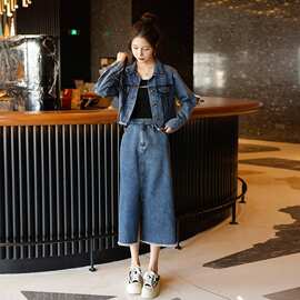 拼接撞色做旧磨毛牛仔套装女2023年秋上新气质时髦舒适随性两件套