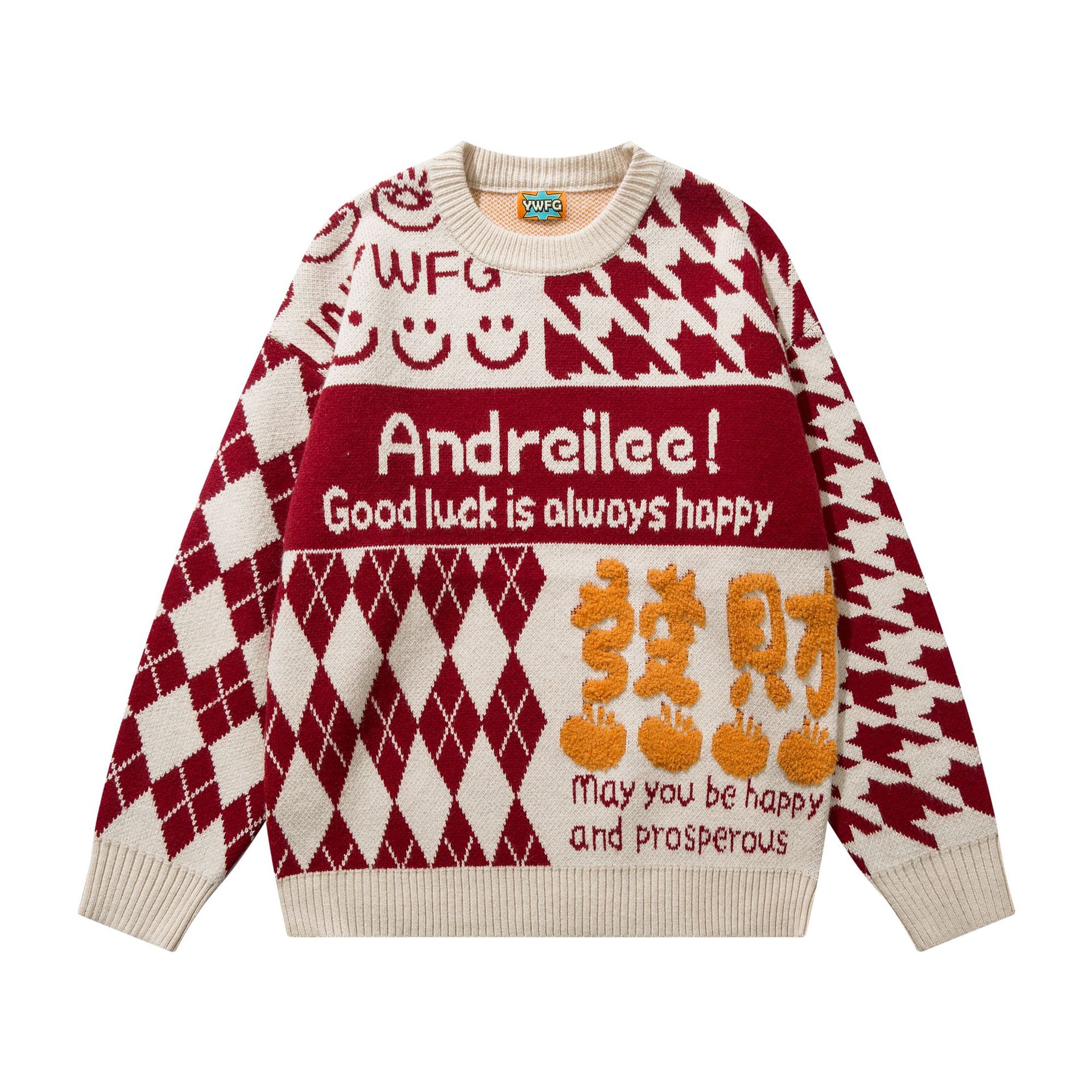 Tide americana hiphop creativo flocado pareja suéter de diseño de otoño y invierno mujeres relajado camiseta de punto rojo viento image 10