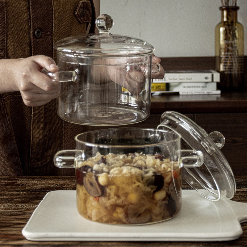 Olla de vidrio binaural de alto valor Olla de estofado transparente de gas resistente al calor de alta temperatura olla de sopa saludable olla de fideos instantáneos al por mayor