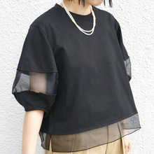 跨境外贸日系乐天宽松短袖上衣2025女装雪纺拼接蕾丝衫女亚马逊