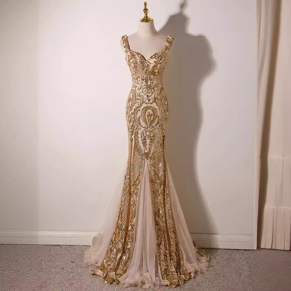 Golden Evening Dress for Women 2025 New Style High-End Banquet Elegant Socialite Princess Style Shiny Fishtail Dress for Autumn