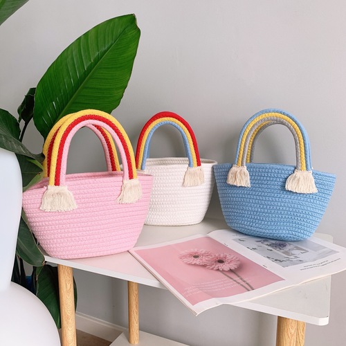 Ins-style Nordic rainbow cloud pattern hand-held cotton cord woven bag, beach vacation sandbag, versatile bag