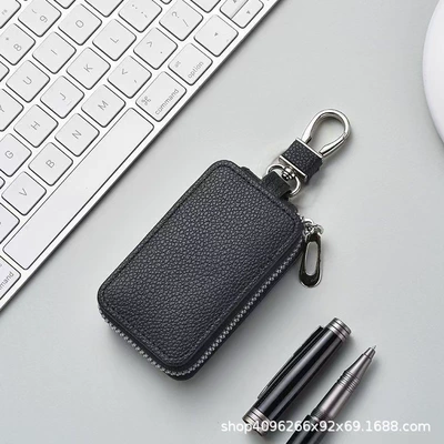 Popular Lightweight Car Key Case with Lychee Pattern Leather Zipper, Multifunctional Smart Remote Control Key Holder for Car, Can Be Hung on the Waist (Car key bag) - black