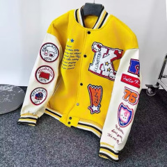 アメリカ野球服男女カップルスポーツゆるいジャケット潮牌青年機関車刺繍飛行服皮袖コート
