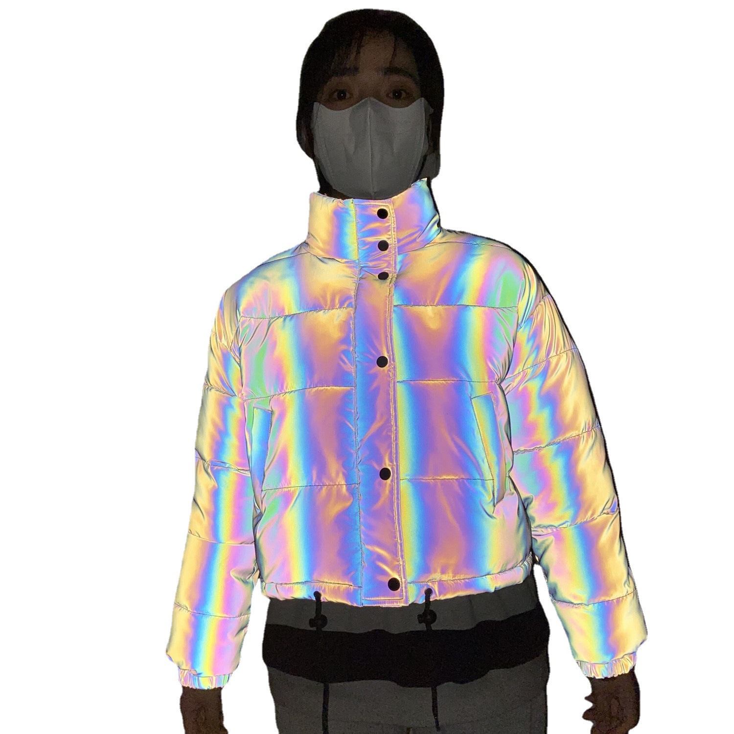 2025 invierno nuevo abrigo corto de algodón reflectante colorido con cuello alto para mujer abrigo de algodón láser de moda transfronteriza europea y americana de Amazon image 6