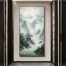 新中式山水风景入户门玄关装饰画流水生财靠山竖版走廊过道挂画