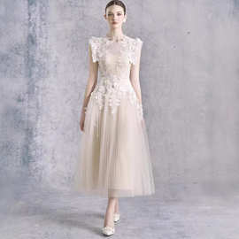 越南小众女装2025年新款公主风蕾丝钩花仙气收腰连衣裙伴娘裙2076