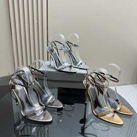 2025年夏季新款欧美露趾一字带扣时尚性感尖头性感女鞋超高跟凉鞋