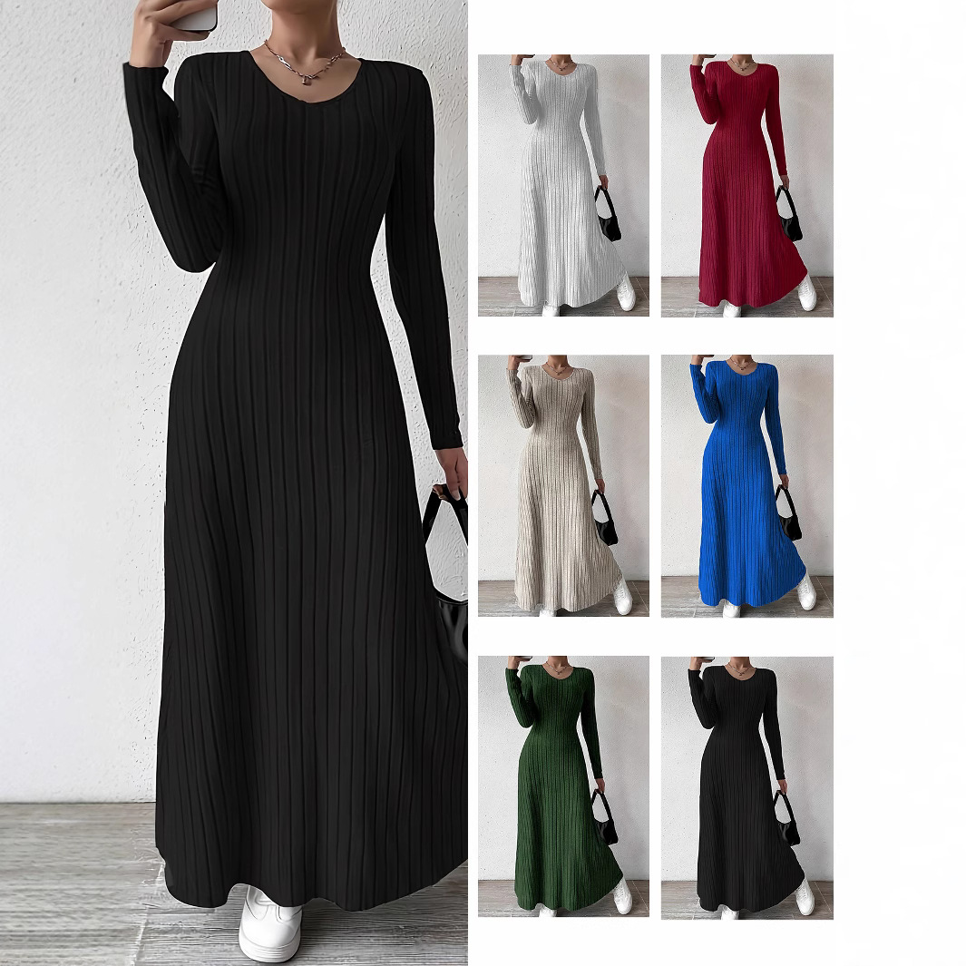 Foreign Trade Aliexpress European and American Cross-Border Amazon Autumn and Winter New Long-Sleeved V Neck Knitted Long Dress for Women