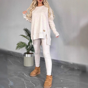 2024 Amazon Independent Station Cross-border Autumn and Winter Explosions Women's Jacket with Vented Long Sleeve Crewneck Casual Solid Color suit