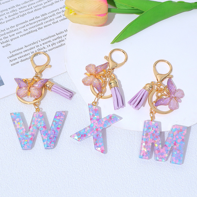 Purple Small Love Sequins Drop Glue Letter Keychain Resin Name Bag Pendant Student Commemorative Gift Cross-border