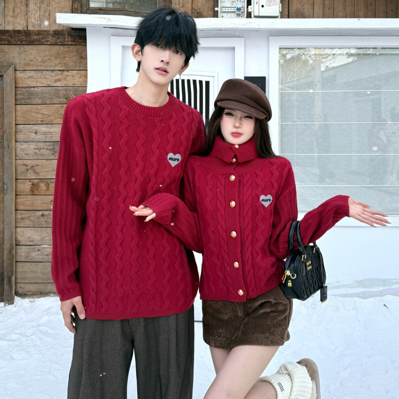 2025 High-Neck Embroidered Heart Knit Sweater Coat Christmas New Year Red Love-Themed Sweater