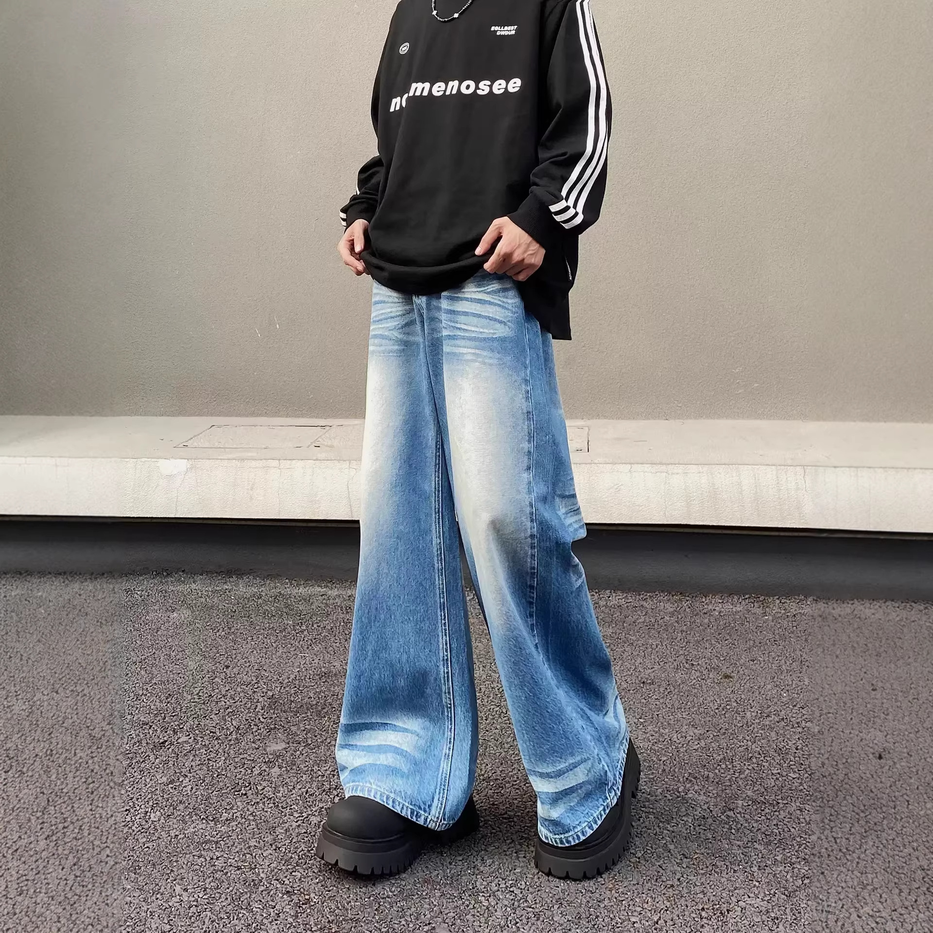 Vintage Washed Blue Wide Leg Jeans For Men & Women | Retro Loose Fit Straight Denim Pants | High Waist Comfort Styling_mkmklike.com