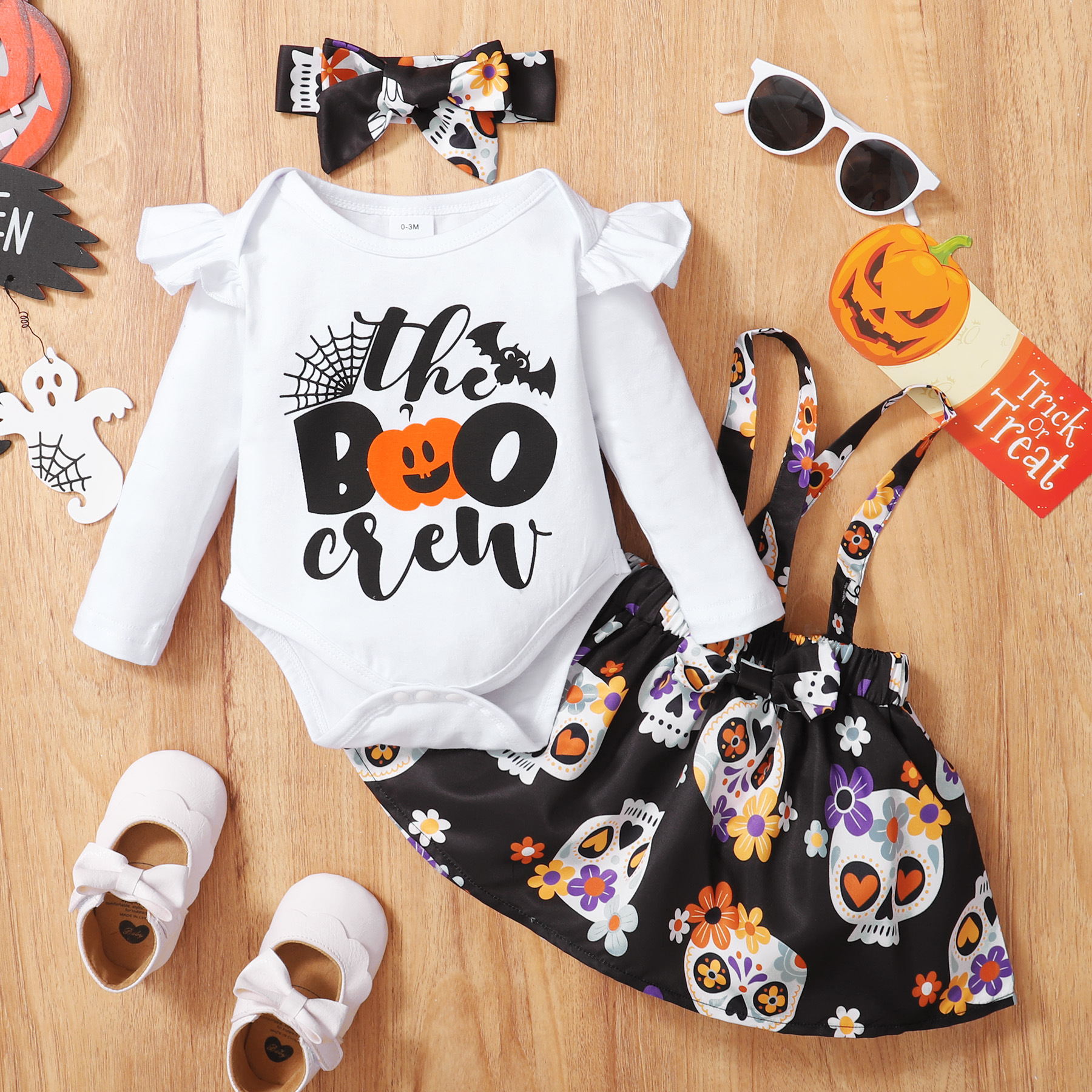 2022 Halloween Models 0~18M Baby Girl Fashionable And Interesting Knitted Romper + Funny Elf Print Suspender Skirt