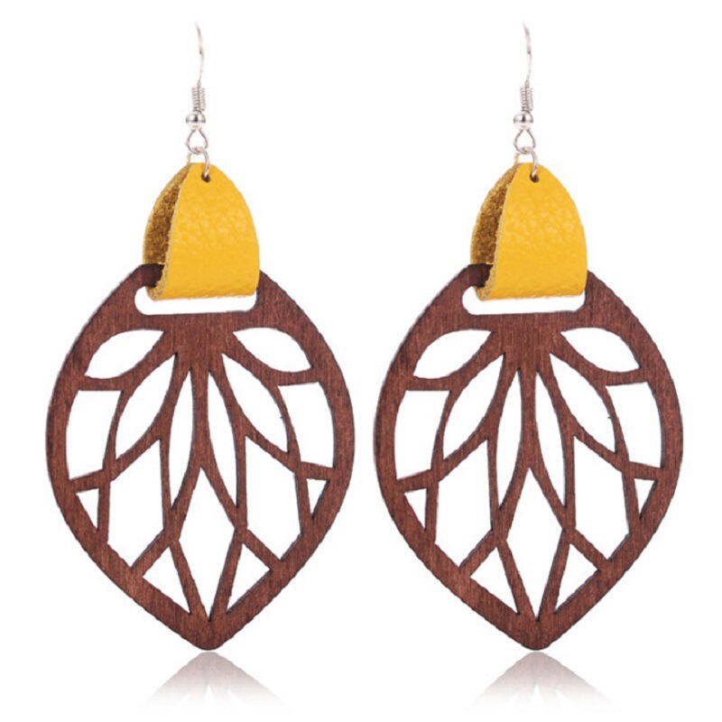 Genuine Leather Wooden Flower Pattern Hollow Wood Earrings Leaf Shape Geometric European and American Style Retro Bohemian Holiday Style Genuine Leather Wooden Flower Pattern Hollow Wood Earrings Leaf Shape Geometric European and American Style Retro Bohemian Holiday Style