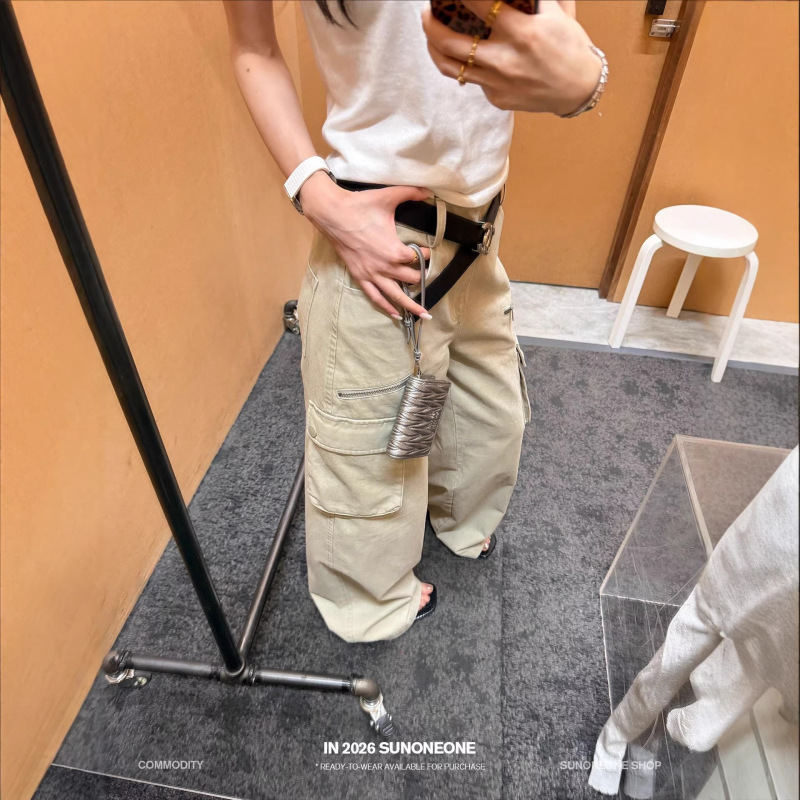 Sunoneoe Multi-Pocket Loose Straight-Leg American Retro Khaki Work Pants for Women, Spring Washed Casual Denim Sunoneoe Multi-Pocket Loose Straight-Leg American Retro Khaki Work Pants for Women, Spring Washed Casual Denim