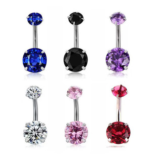 Round Double Zircon Navel Nail Four-claw Inner Teeth Navel Ring European and American Cross-border New Products Human Puncture Stainless Steel Umbilical Ornaments