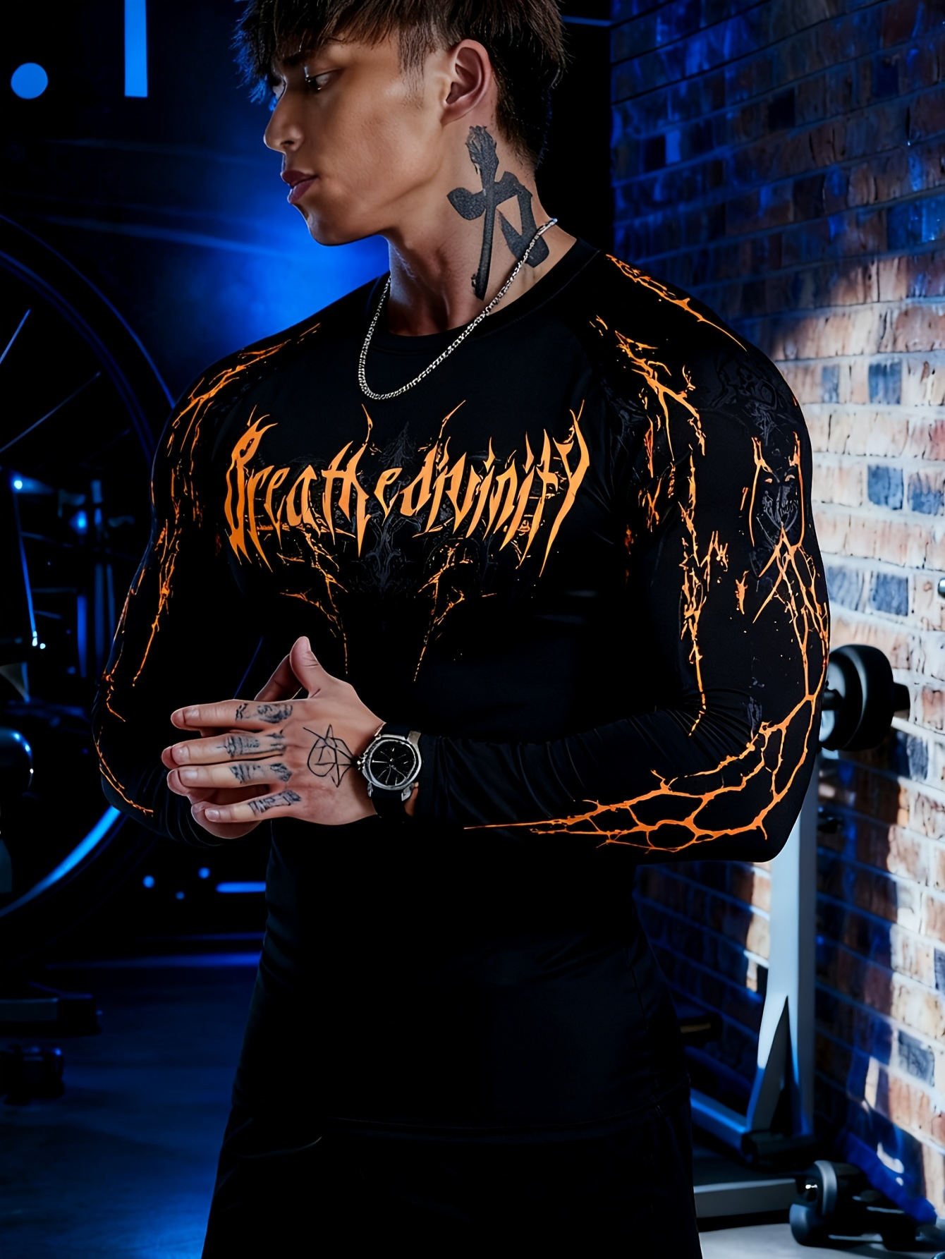 Men's Dark Style Skull And Thorn Print Long Sleeve T-Shirt Tight Fitting Quick Drying Fitness Sportswear American High Street_viptrois.com
