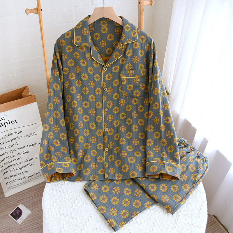 Nuevo algodón de manga larga cardigan pijamas florales de doble capa de gasa de algodón primavera y otoño solapa japonesa traje de desgaste para el hogar