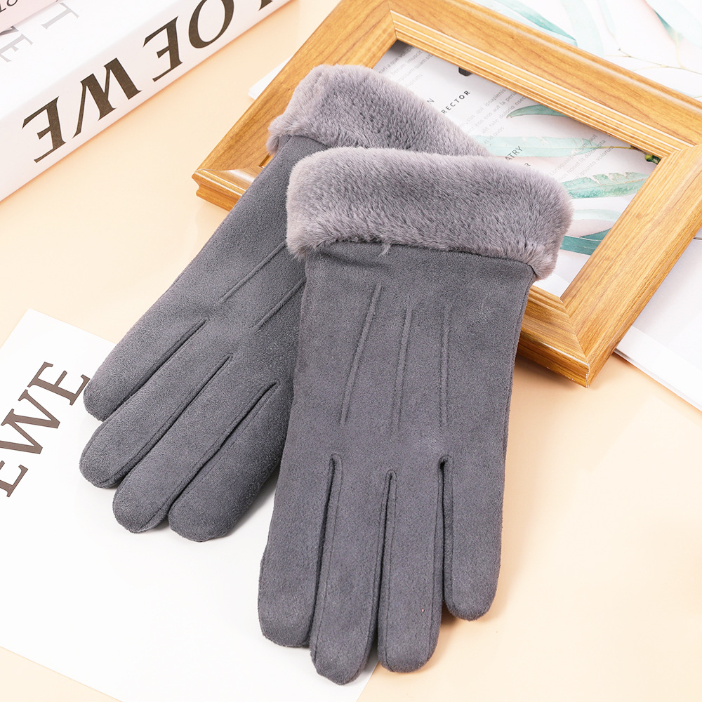 Guantes de gamuza de otoño e invierno guantes de pantalla táctil cálidos para mujer imitación boca de piel de conejo Rex forrada de lana gruesa a prueba de frío guantes