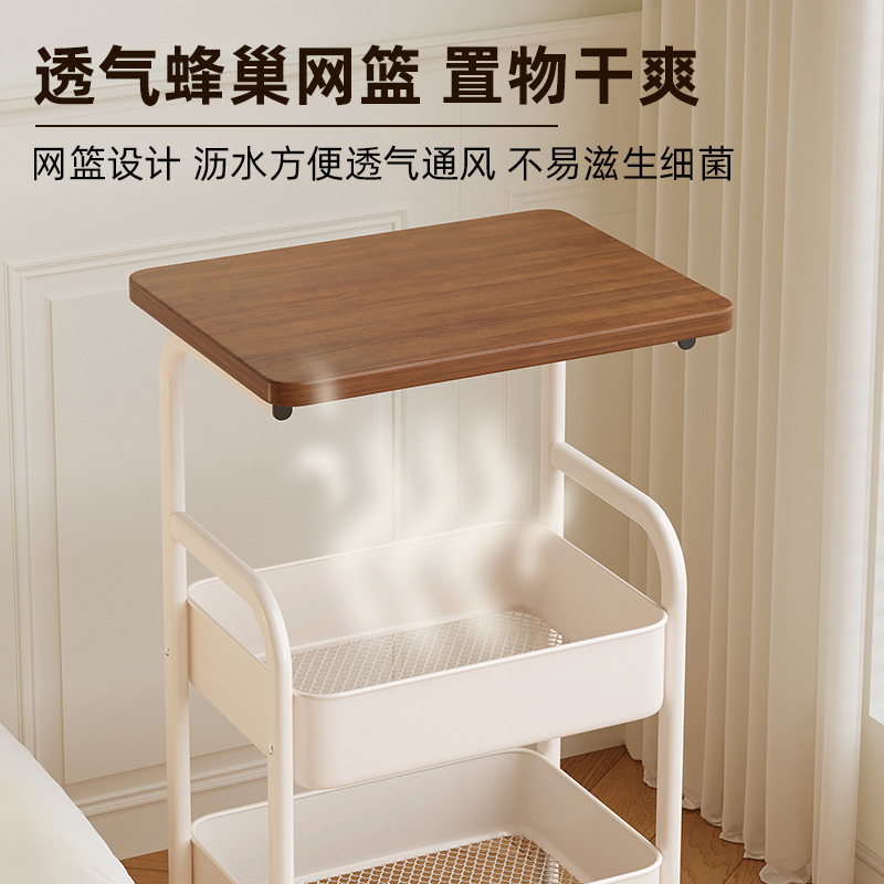 Mesa de té móvil de doble capa de sala de estar junto al sofá de almacenamiento integrado con mesa de té de ruedas para el dormitorio, estante de cama simple