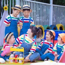 幼儿园服儿童夏季彩虹条纹短袖蓝色背带短裤遮阳套装班服洋气殳穮