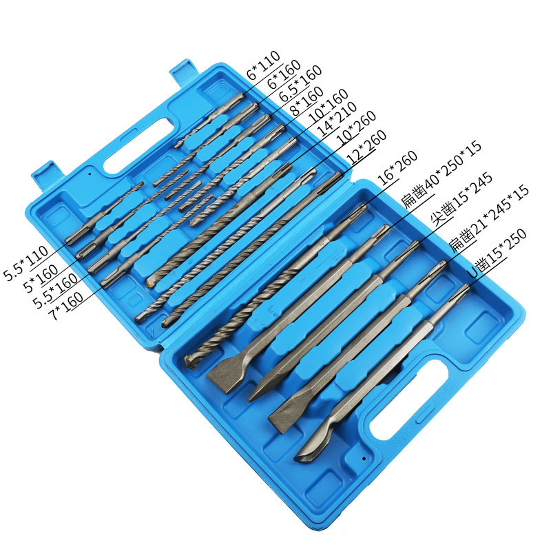 Набор электрических ударных сверл и долот, 17 предметов, в синей пластиковой коробке.