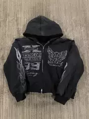 Y2K Street Hip-Hop Star Print Black Zip-Up Hoodie Women 2025 Harajuku Jacket Sweatshirt