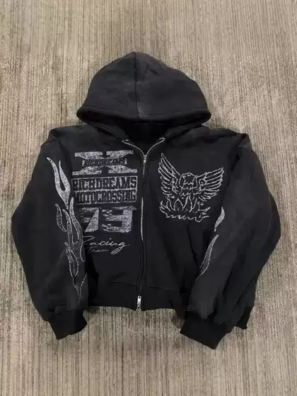 Y2K Street Hip-Hop Star Print Black Zip-Up Hoodie Women 2025 Harajuku Jacket Sweatshirt