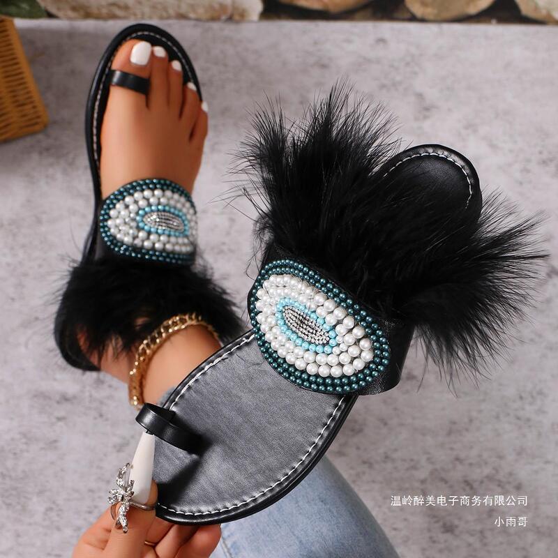 European and American Foreign Trade Set-toe Pearl Decorated Flat Feather Slippers Women's Cross-border Rhinestone Lightweight Beach Slippers