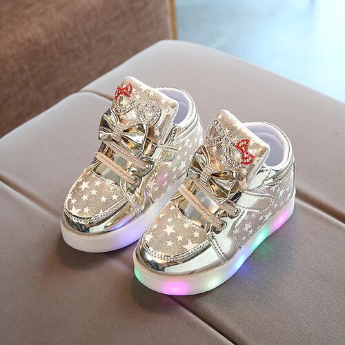 Children's Glitter Flash Shoes Spring and Autumn Girls Cartoon Boys Leather Surface Breathable Light-Up Running Shoes Trendy Learning Step Shoes