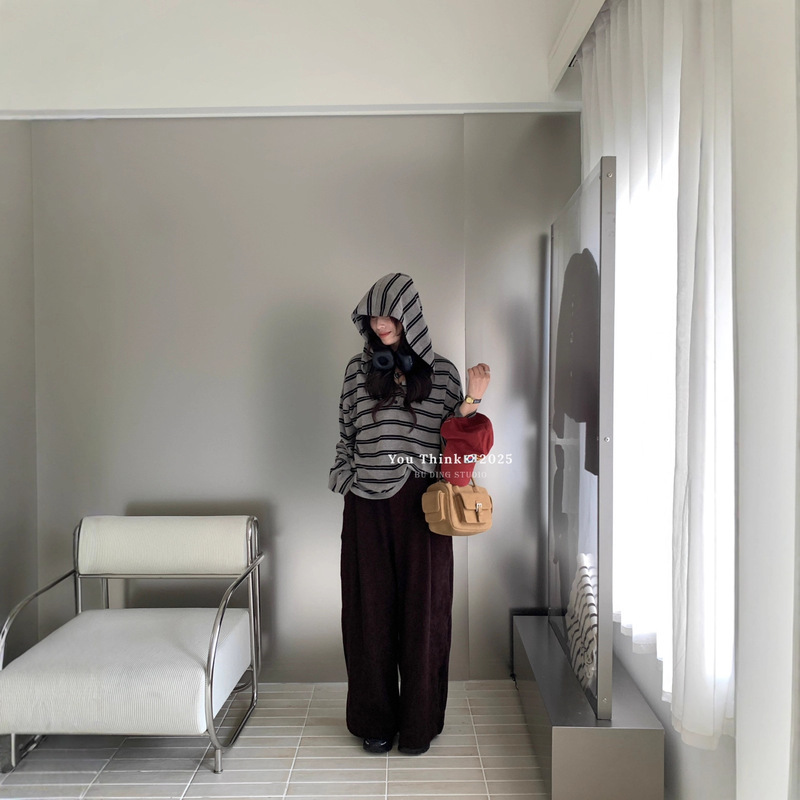 【You Think】Thirteen Lines Fashion Casual Hooded Striped Loose Easiest for Match Sweater Top Women Yt1039