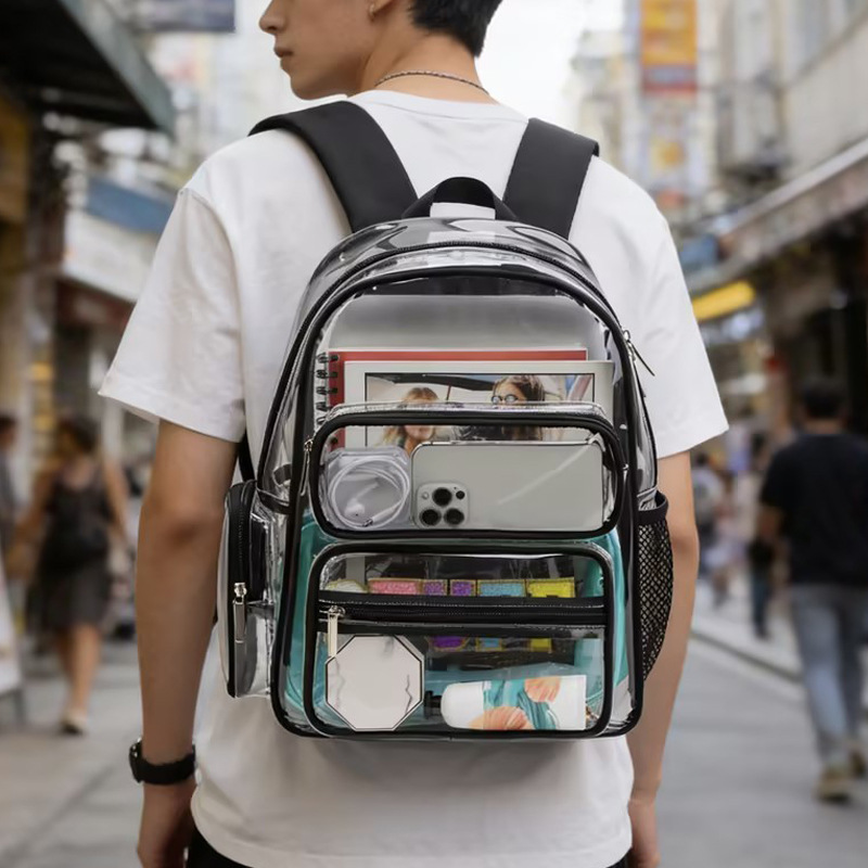 Fábrica de nueva moda personalizada de moda de moda de bolsillo de gran capacidad mochila de PVC transparente mochila a prueba de rociadores
