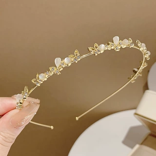 欧美跨境猫眼石发箍蝴蝶花朵百搭简约水钻头箍高级感外出细边头饰