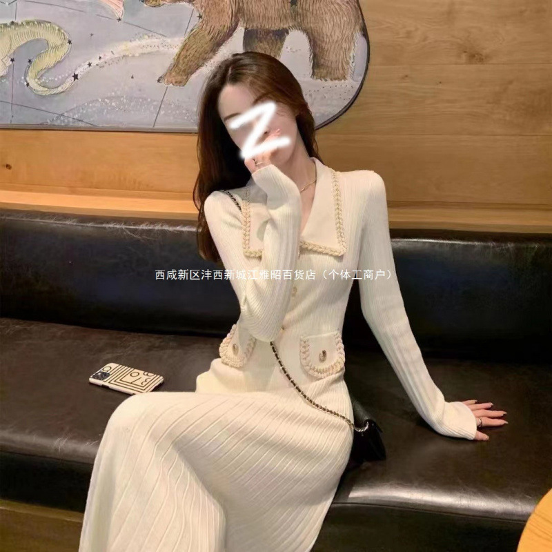 秋冬法式小香风甜美翻领针织连衣裙复古小清新减龄设计感显瘦长裙