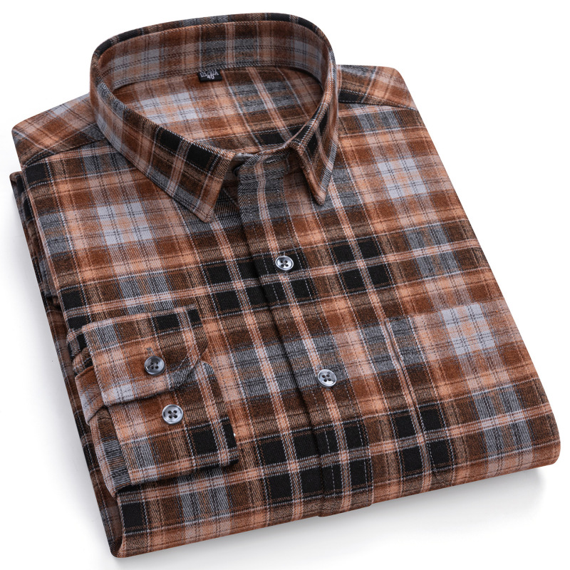 Men's autumn and winter flannel plaid shirt, long-sleeved, brushed for warmth, classic retro plaid, business casual shirt