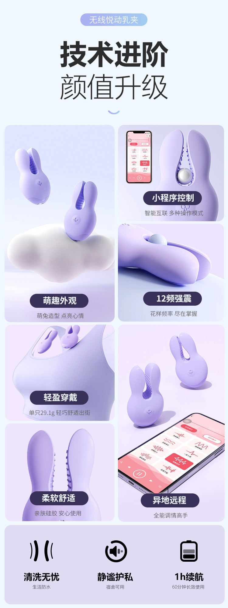 Mystery Joy Breast Clip Vibrator with Wireless Remote Control, Silicone and ABS, Purple — detail image 7