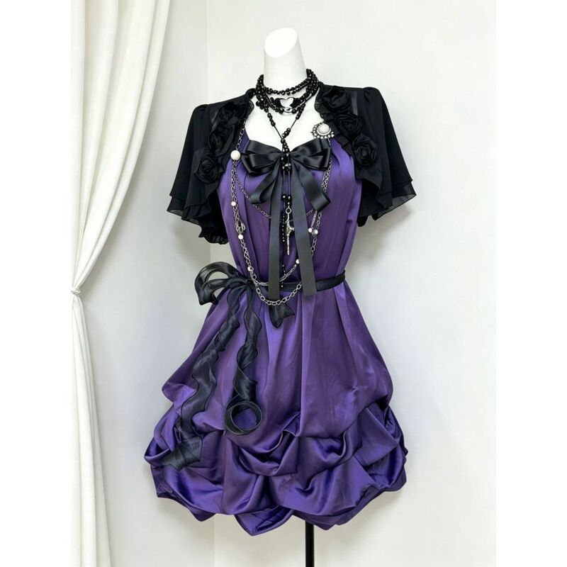 In Stock: Purple Night Rose Vintage Gothic Style Set with Japanese Vibe Cardigan and Unique Dress