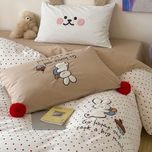 可爱少女心纯棉色织水洗棉四件套卡通兔子刺绣全棉波点被套床单