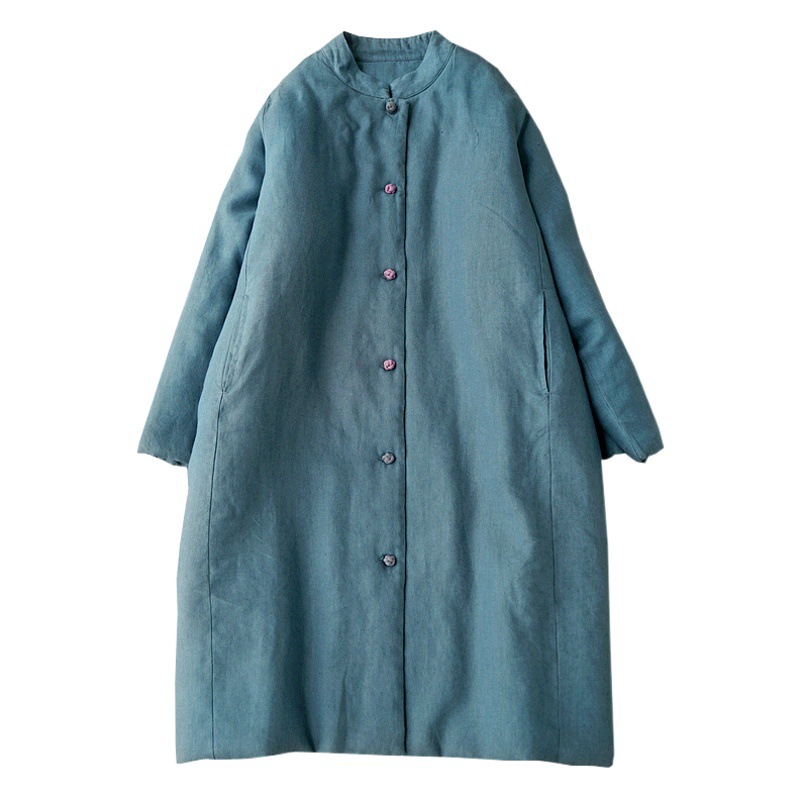 2026 Autumn/Winter Vintage Loose Plus Size Women's Linen Layered Stand Collar Buttoned Mid-Length Coat Cotton Jacket