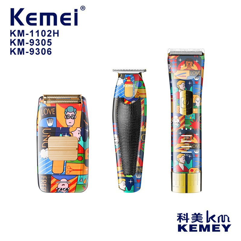 Set de afeitado con cortapelos Kemei, recortadora de pelo eléctrica de tres piezas para uso doméstico, cortapelos eléctrico profesional para peluquerías.