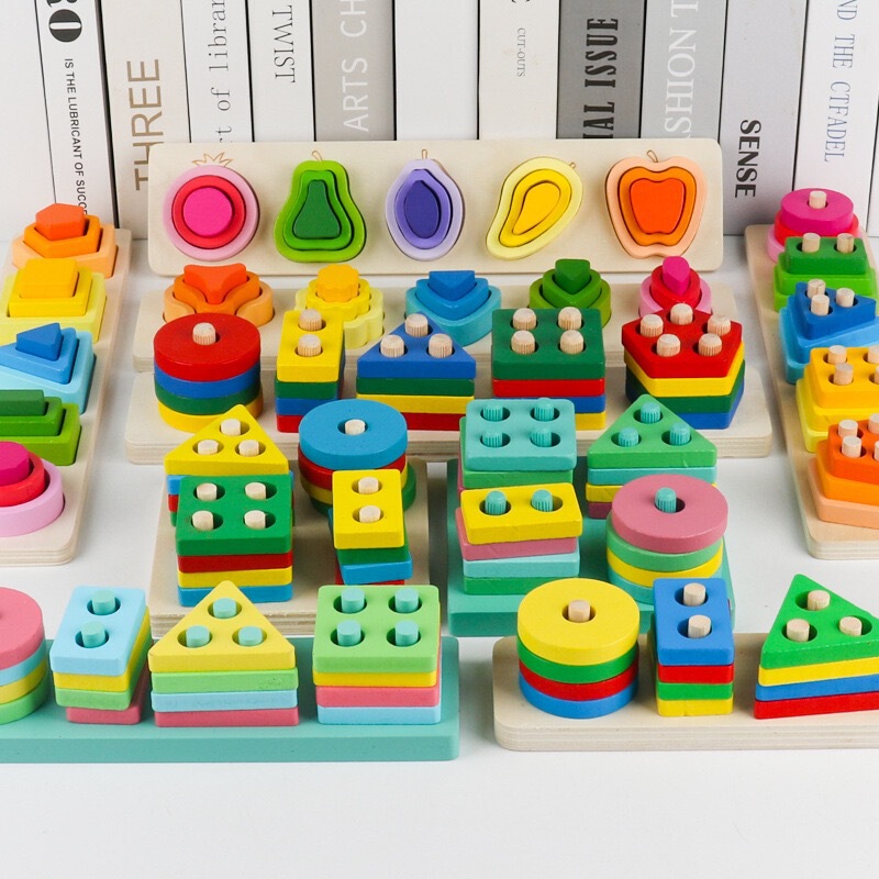 Wooden Kidsren's Small Set of Columns Geometric Figures Matching Color Shape Cognitive Building Blocks Puzzle Early Education Educational Toys