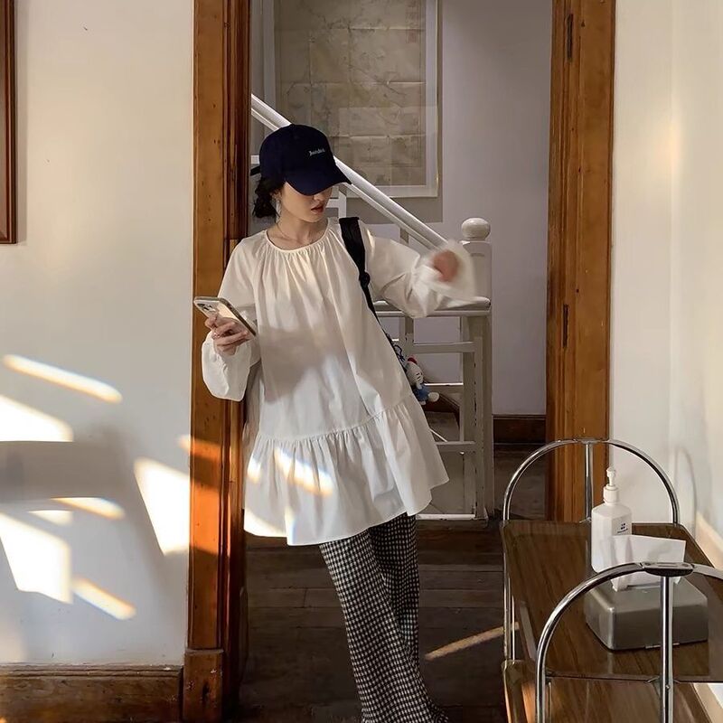 Homemade Early Autumn Back-To-School Outfit White Dress Loose Long-Sleeved Baby Doll Dress Mid-Length Top for Women