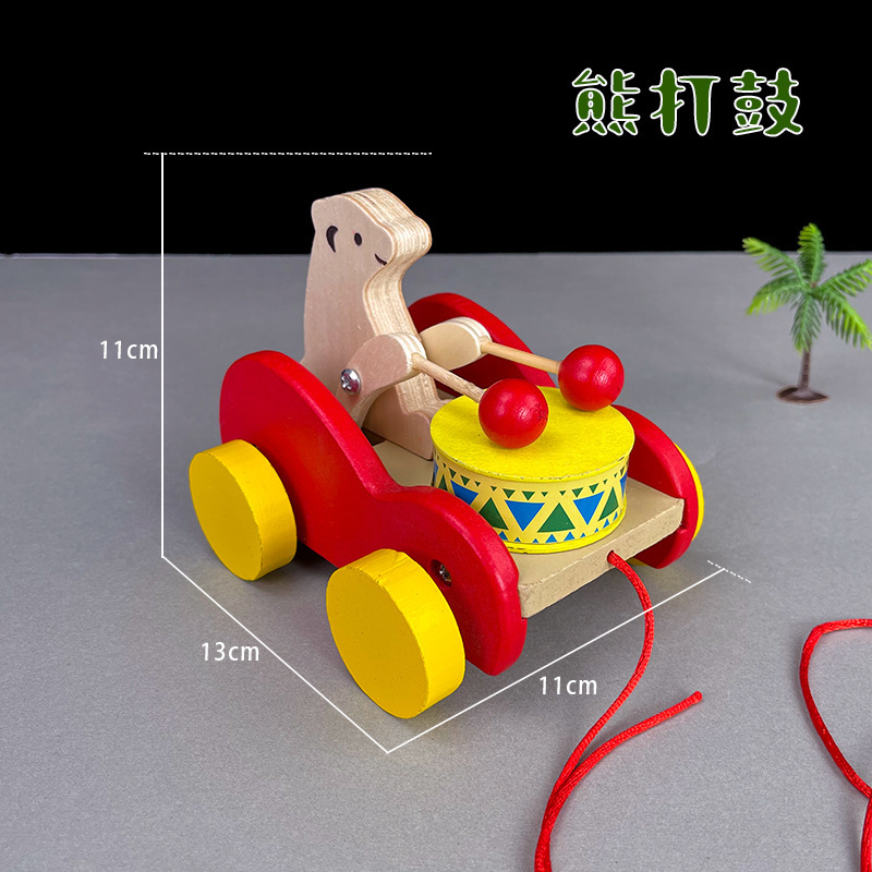 木のおもちゃのケーブル車の卸売りの子供の早教の益智のおもちゃの漫画の動物はドラムを引いてケーブル車を牽引します。|undefined