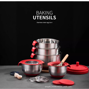 Stainless Steel Egg Basin Silicone Bottom Handle Bowl Salad Basin with Lid Salad Bowl Baking Mixing Bowl Multifunctional