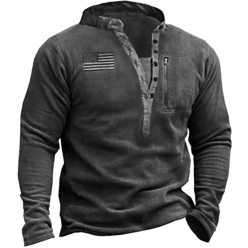 Men's V-Neck Button-Down Fleece Thermal Tactical Hoodie With Long Sleeves For Training And Workouts_viptrois.com
