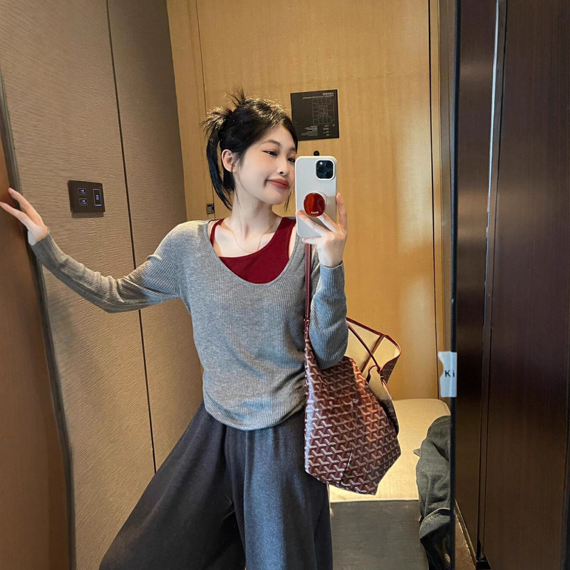 大码女装胖mm穿搭慵懒风显瘦假两件拼接撞色小众设计感针织上衣女|undefined