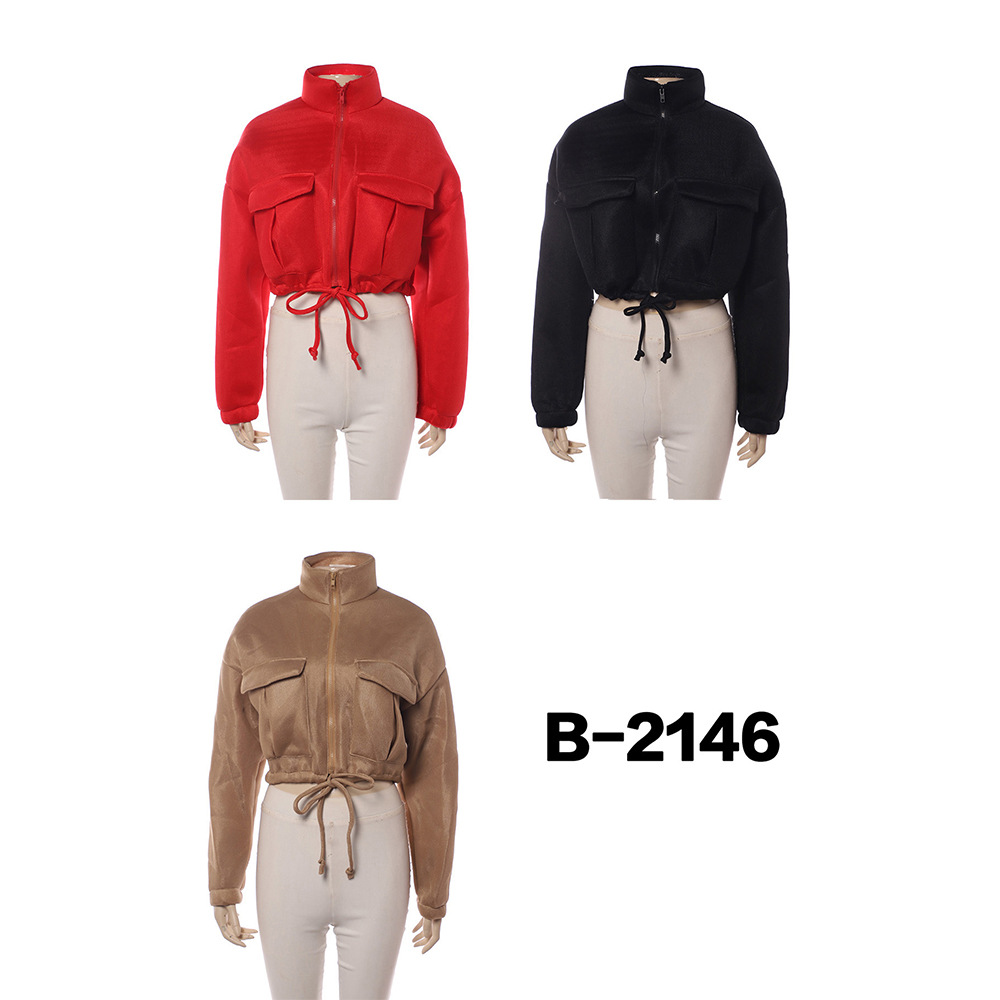 Fashion Solid Color Pocket Polyester Zipper Coat Jacket